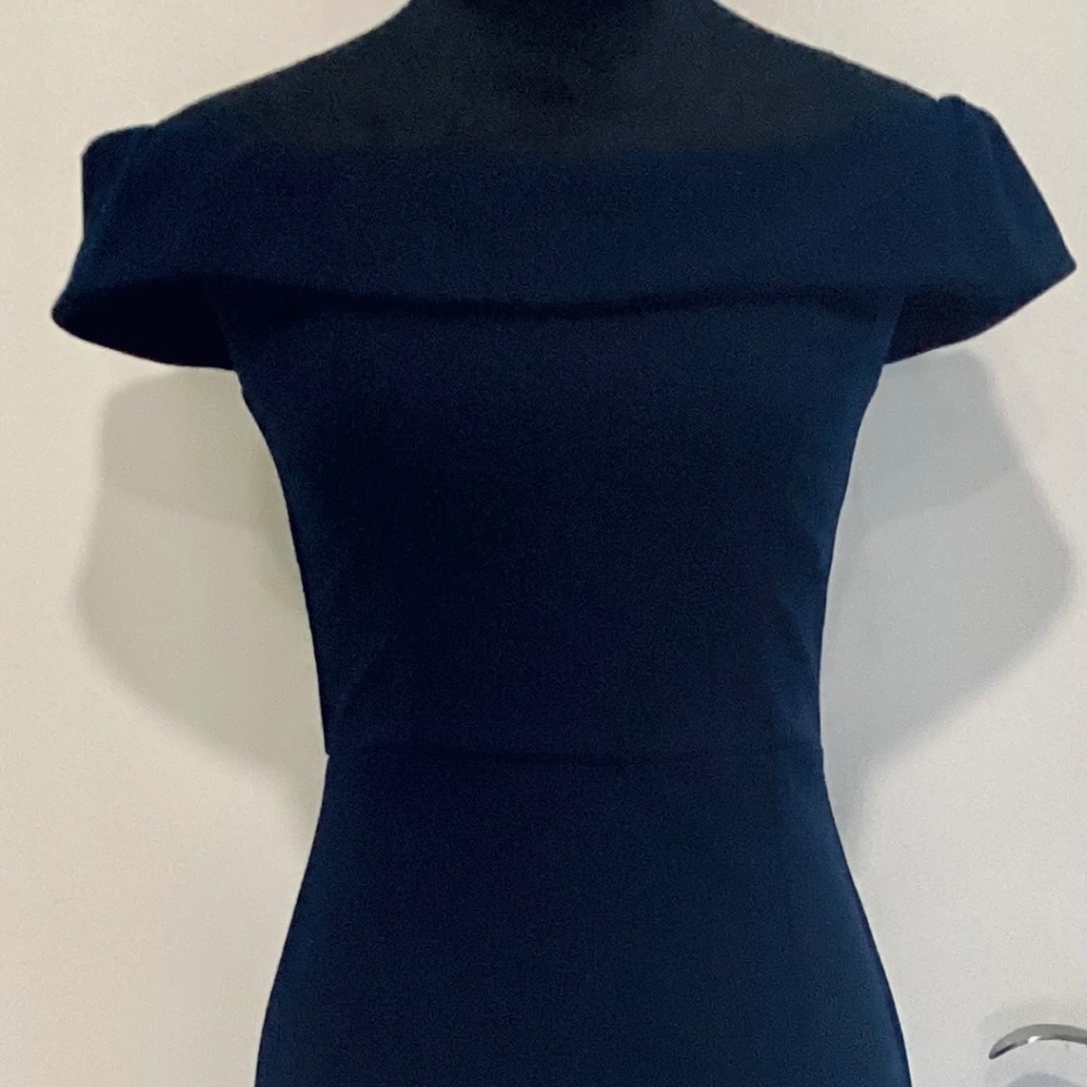 Navy blue maxi fitted off shoulder dress high front slit